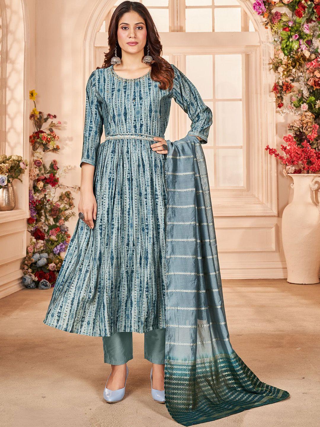 premroop- the style you love abstract printed thread work kurta & trousers with dupatta