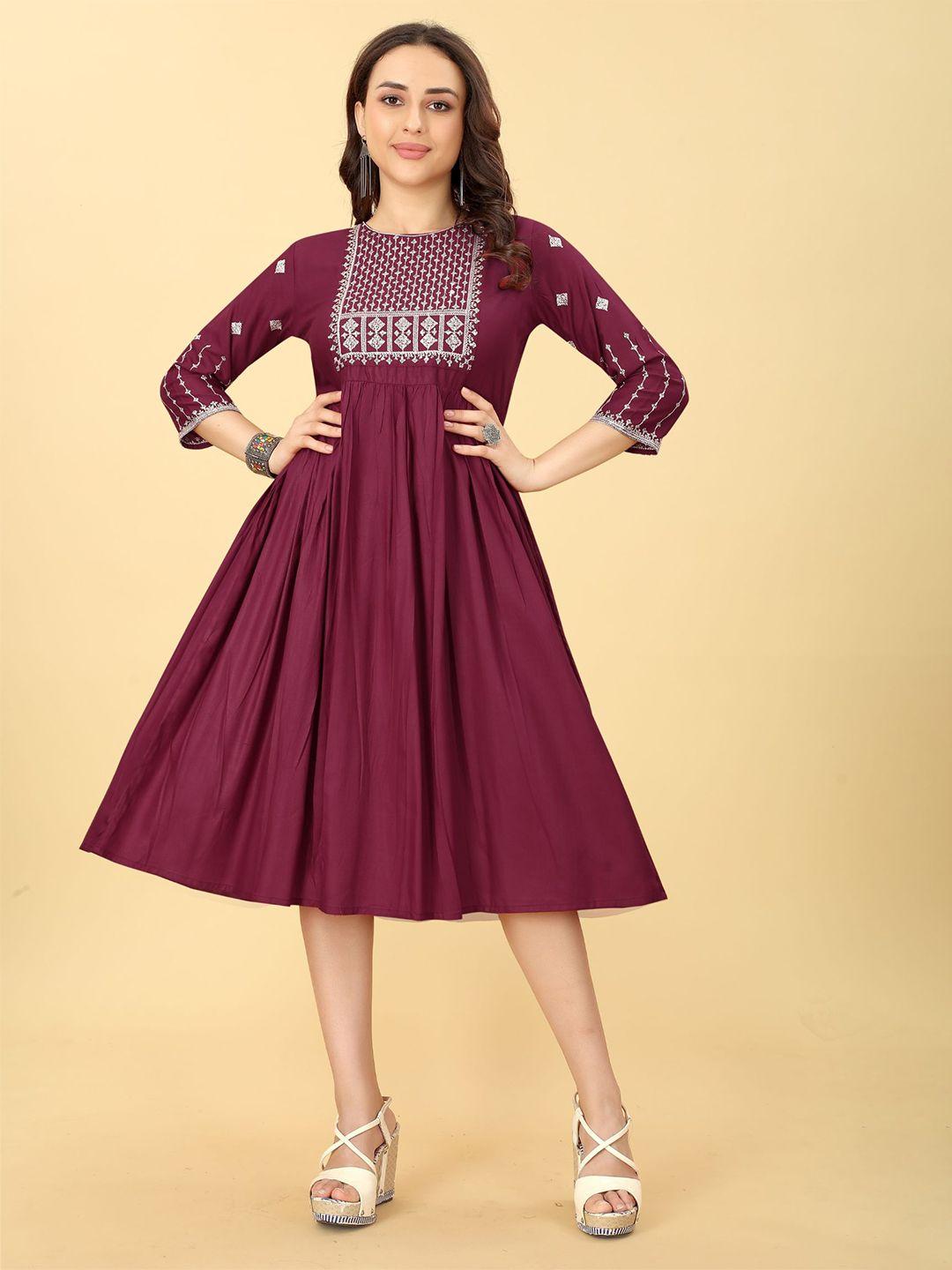 premroop- the style you love ethnic motifs embroidered fit & flare midi dress