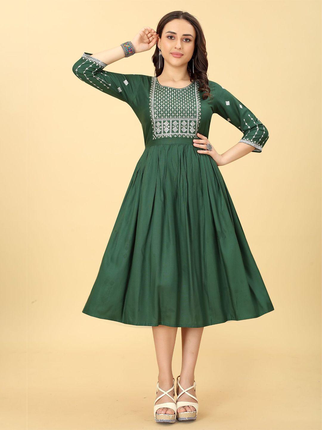 premroop- the style you love ethnic motifs embroidered fit & flare midi dress