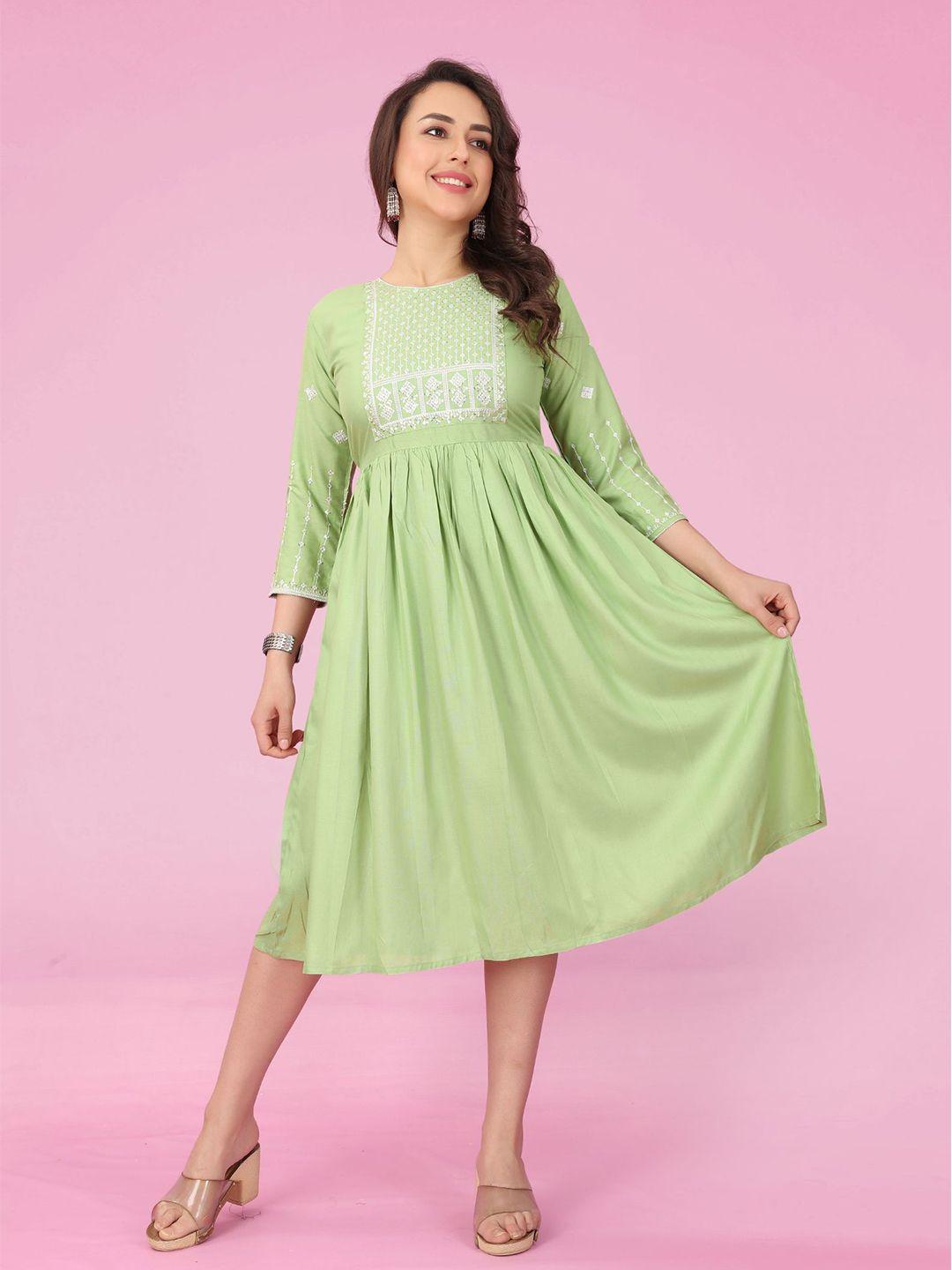 premroop- the style you love ethnic motifs embroidered fit & flare midi dress