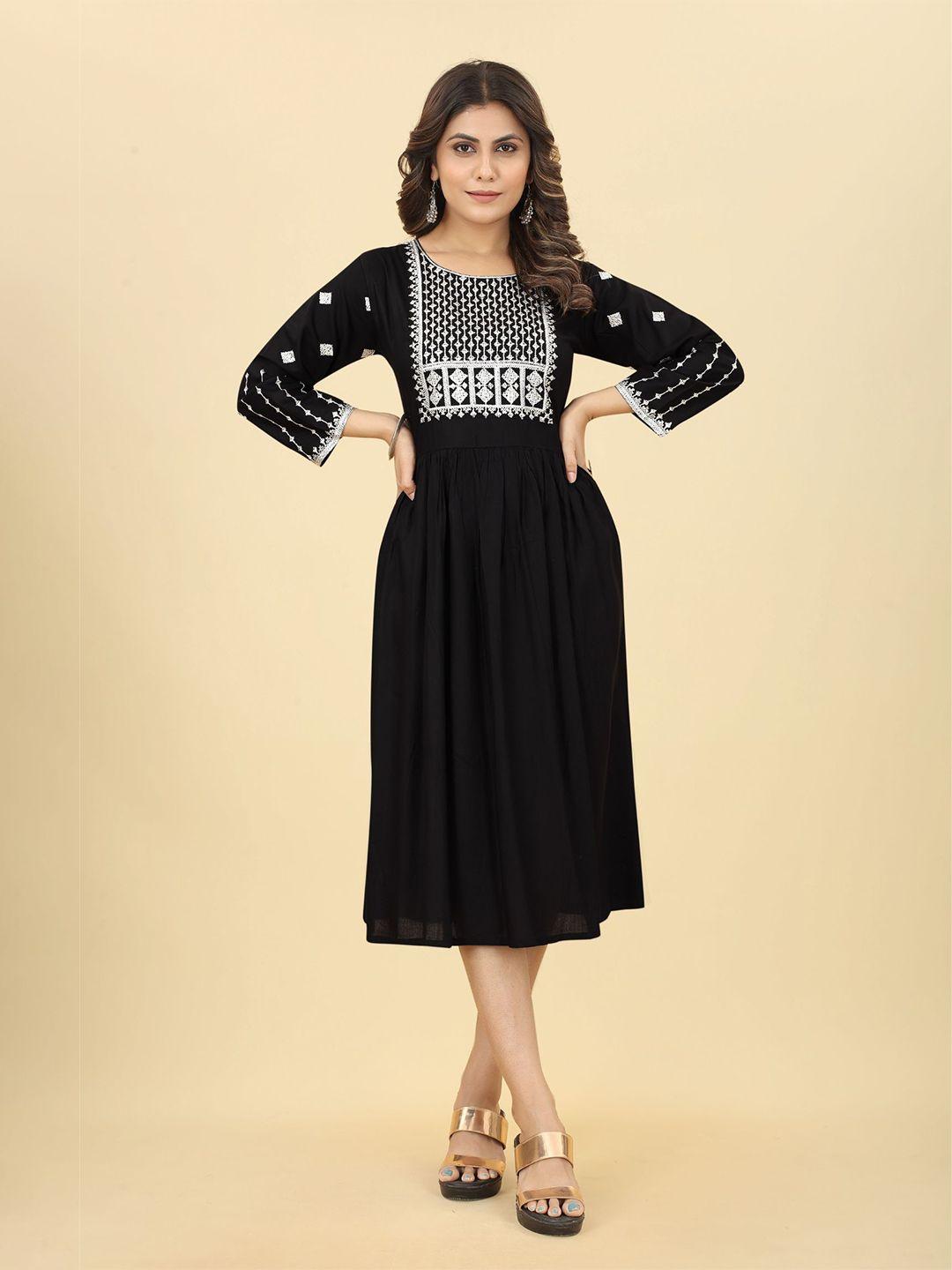 premroop- the style you love ethnic motifs embroidered fit & flare midi dress