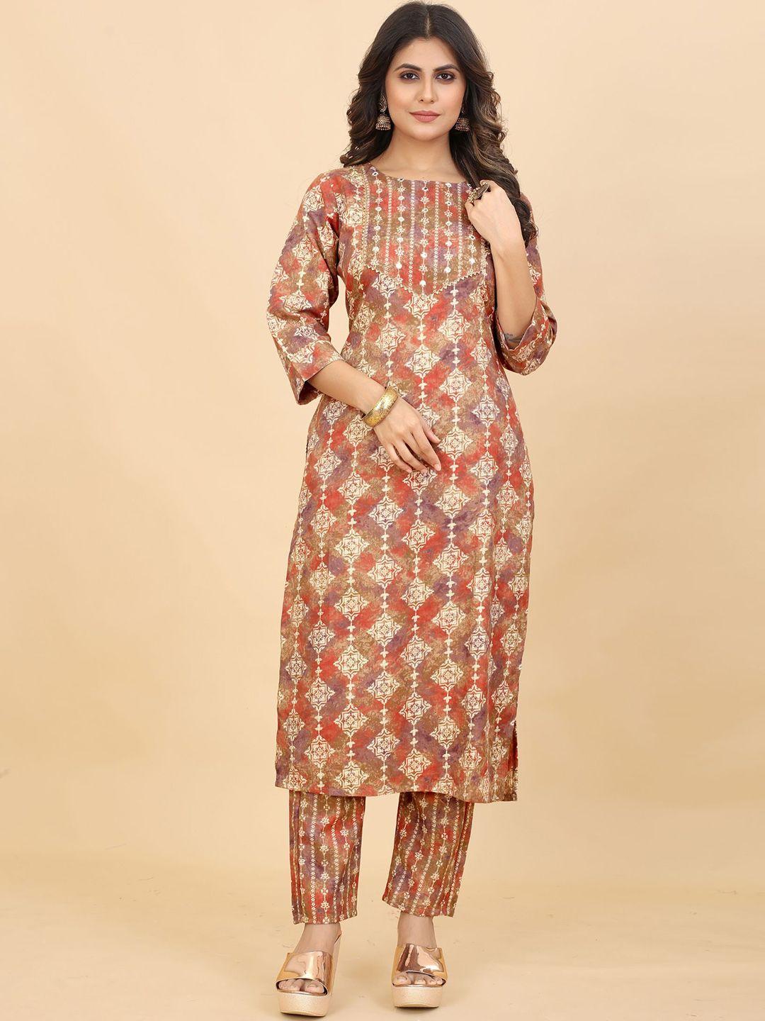 premroop- the style you love ethnic motifs printed mirror work kurta with trousers
