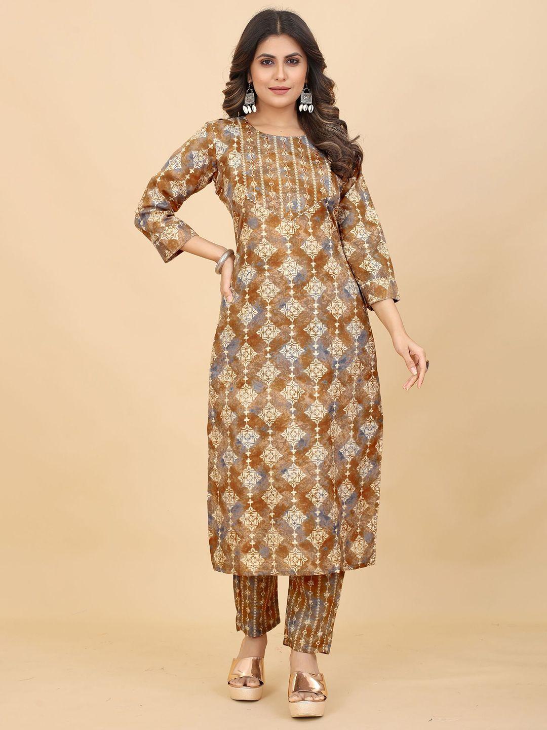 premroop- the style you love floral printed mirror work kurta with trousers