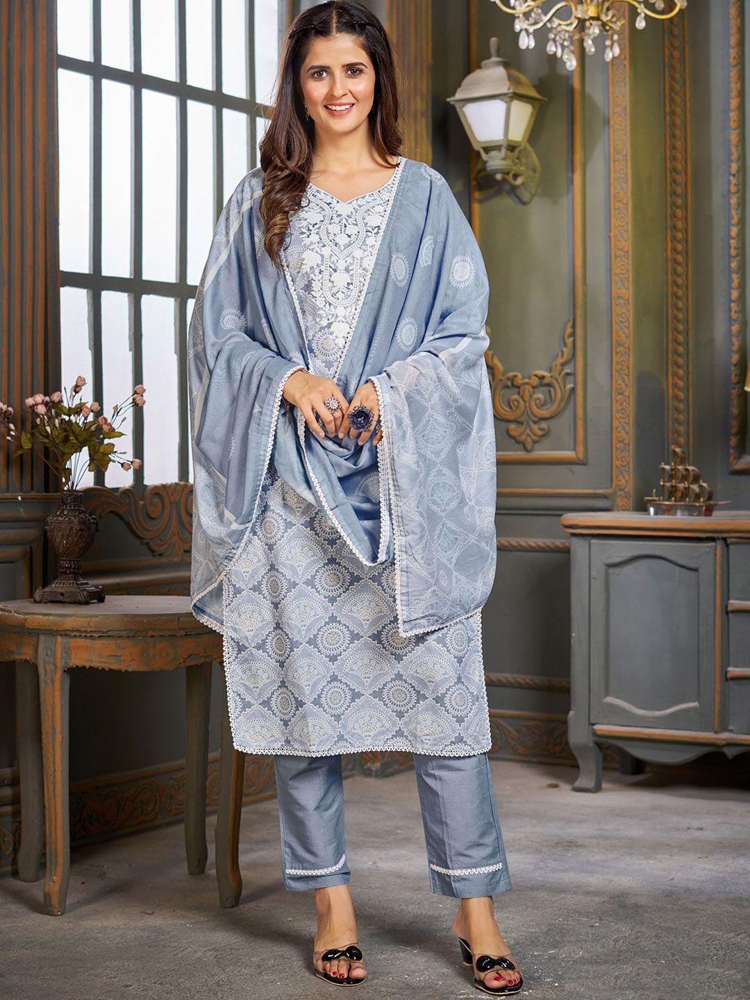 premroop- the style you love floral printed pure cotton kurta & trousers with dupatta