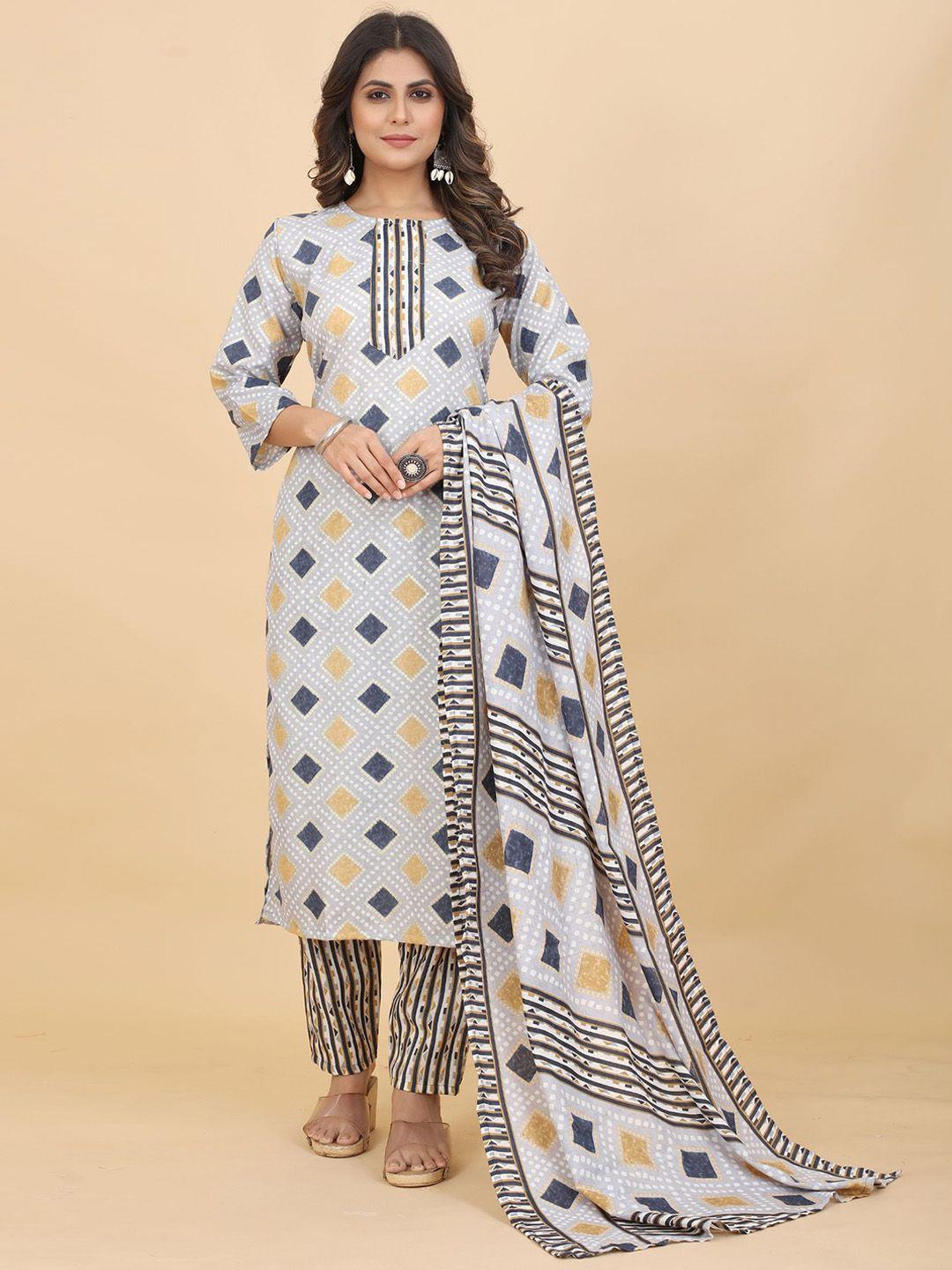 premroop- the style you love geometric print round neck straight kurta set with dupatta