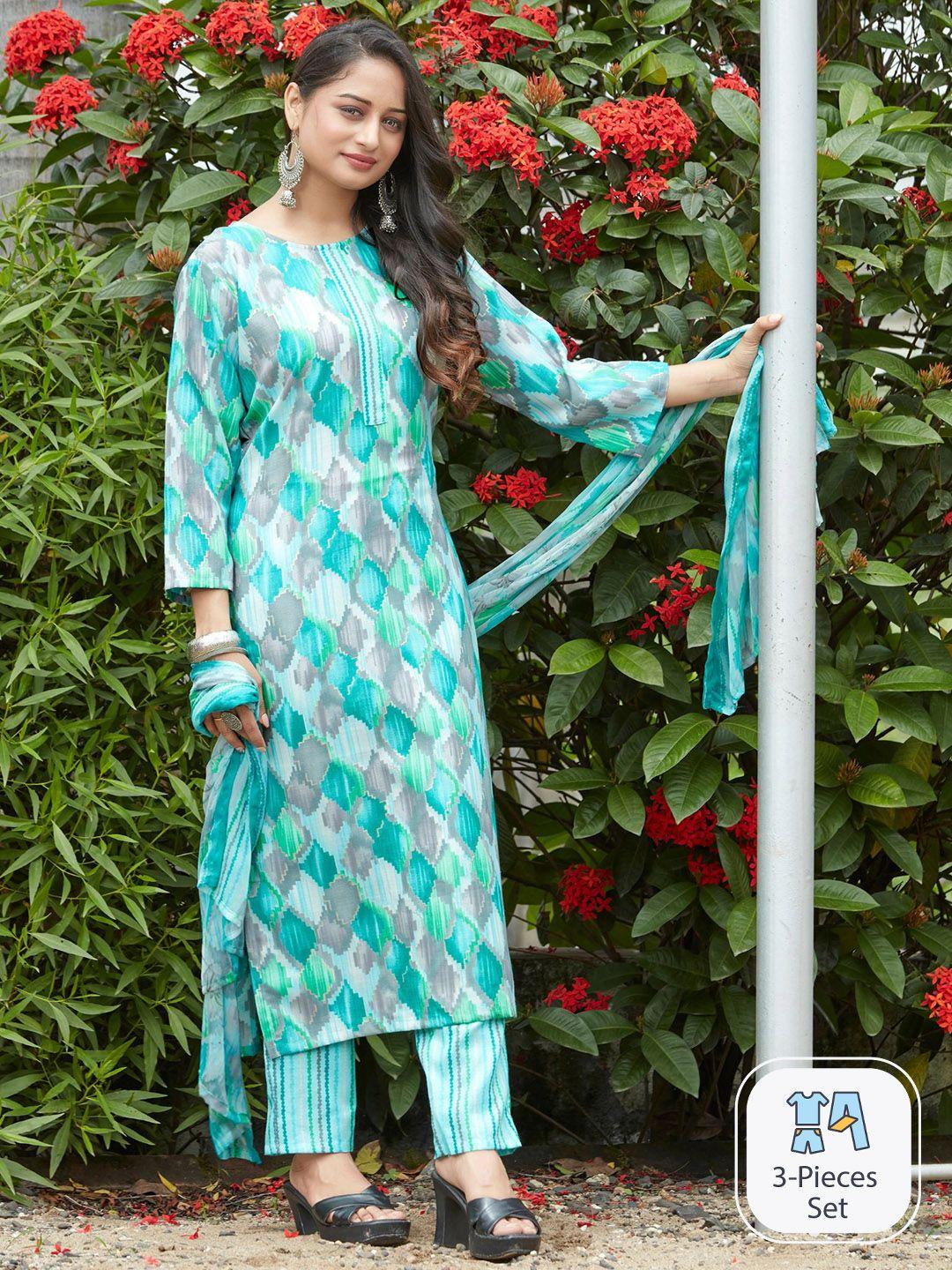 premroop- the style you love geometric printed straight kurta & trousers with dupatta