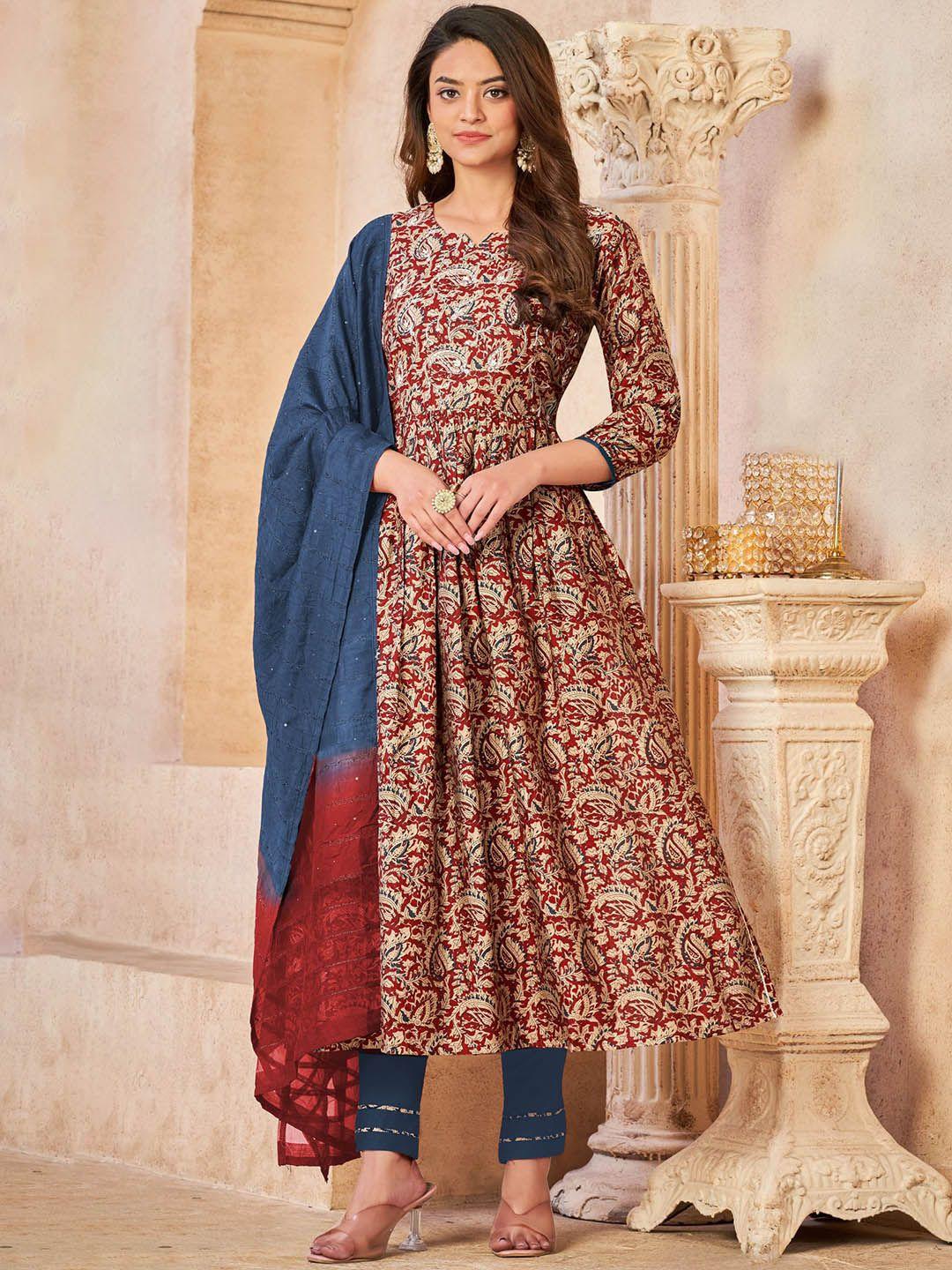 premroop- the style you love paisley printed cotton anarkali kurta with trousers & dupatta