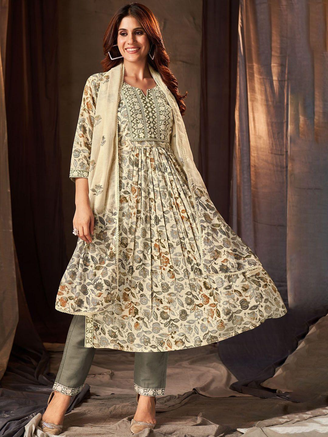 premroop- the style you love women cream-coloured floral printed empire thread work pure cotton kurta with