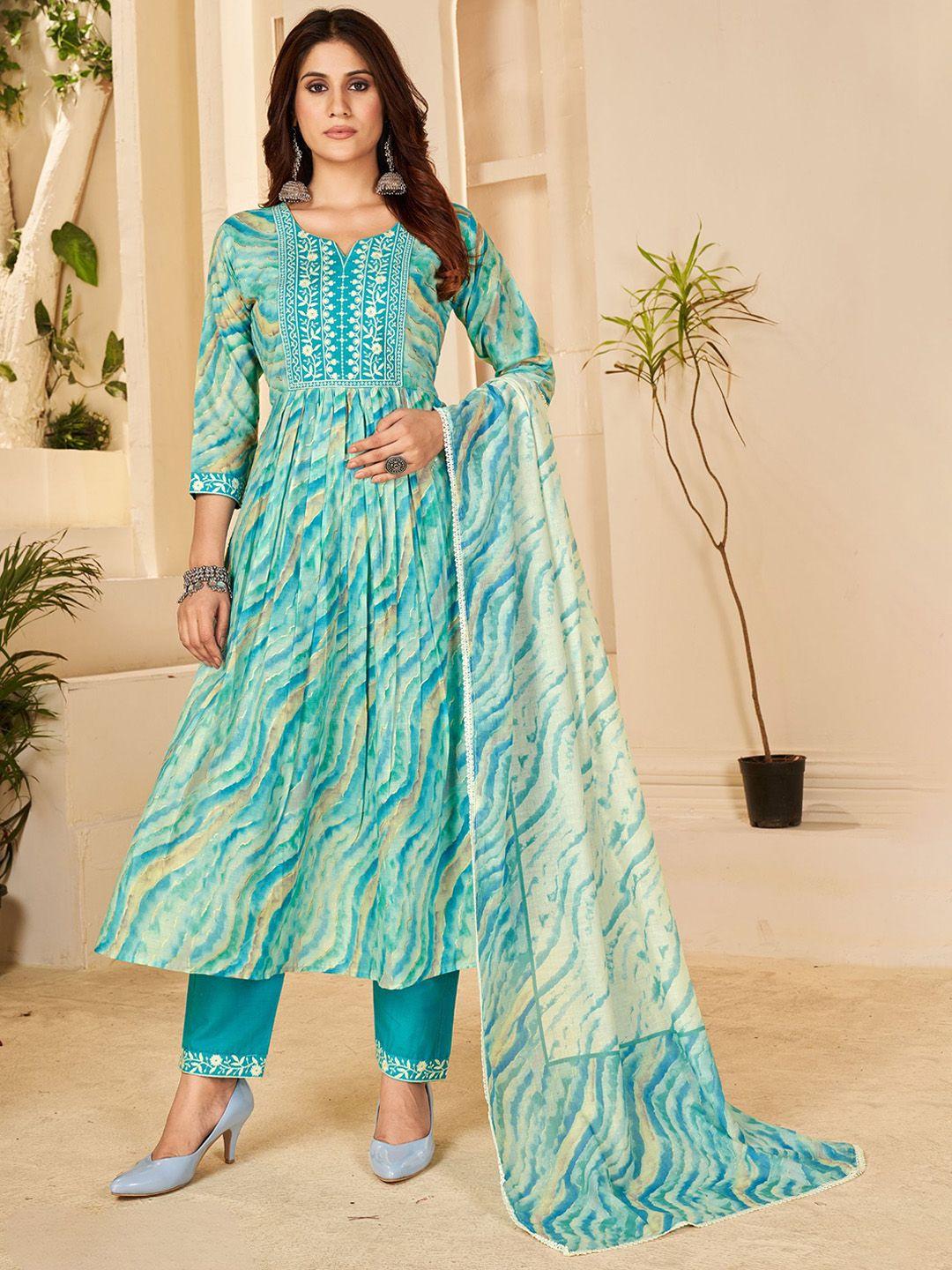 premroop- the style you love women turquoise blue leheriya embroidered high slit thread work pure cotton