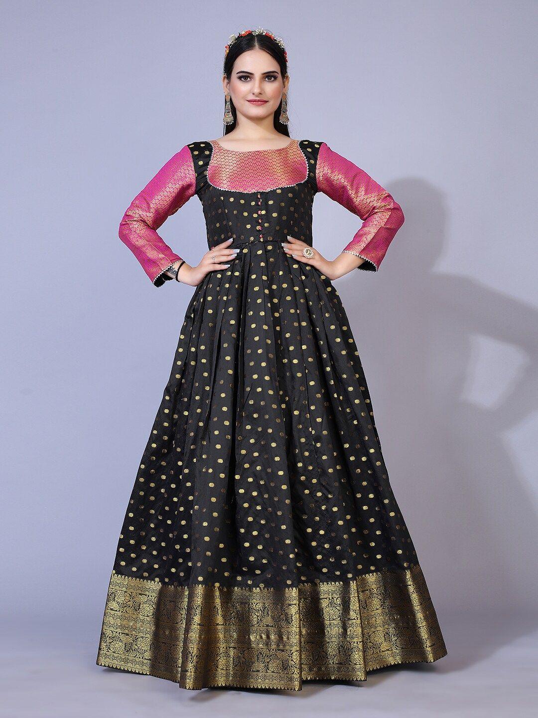 prenea black & pink polka dots jacquard ethnic maxi gown