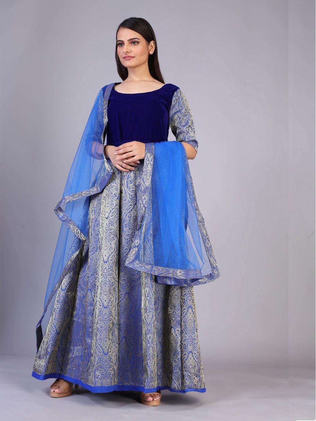 prenea blue ethnic motifs jacquard ethnic gown with dupatta