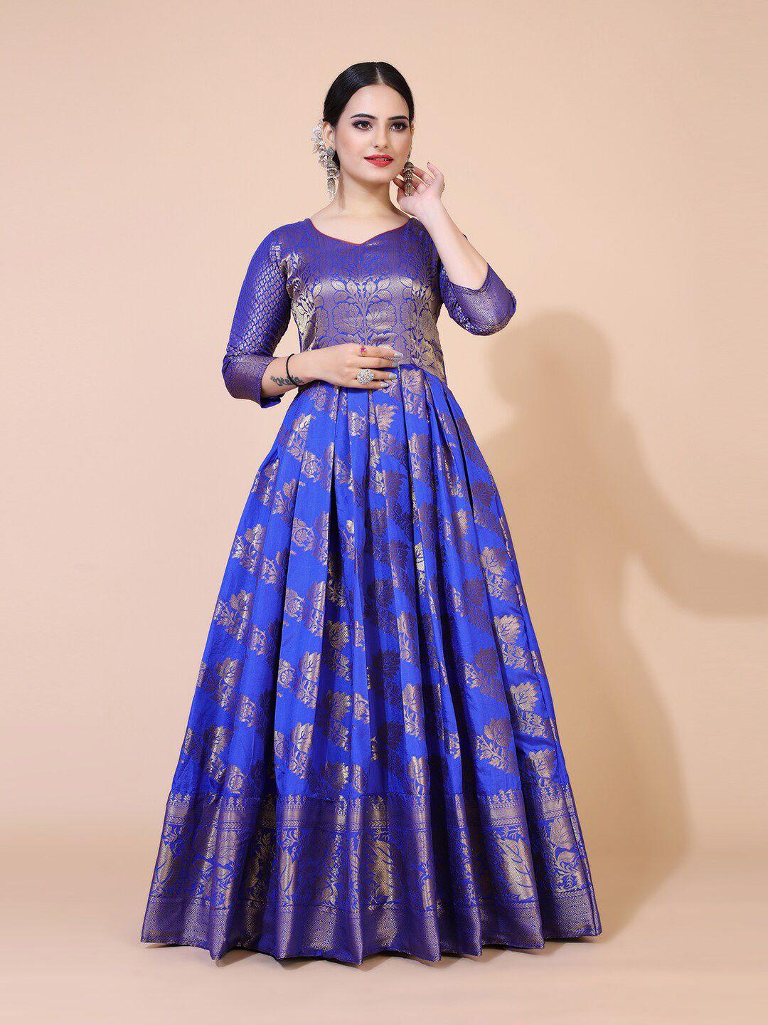 prenea blue floral jacquard silk long maxi dress