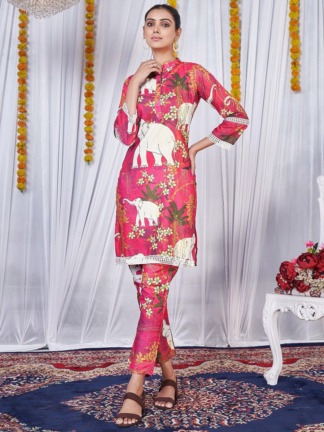 prenea ethnic motifs printed mandarin collar kurta with trousers