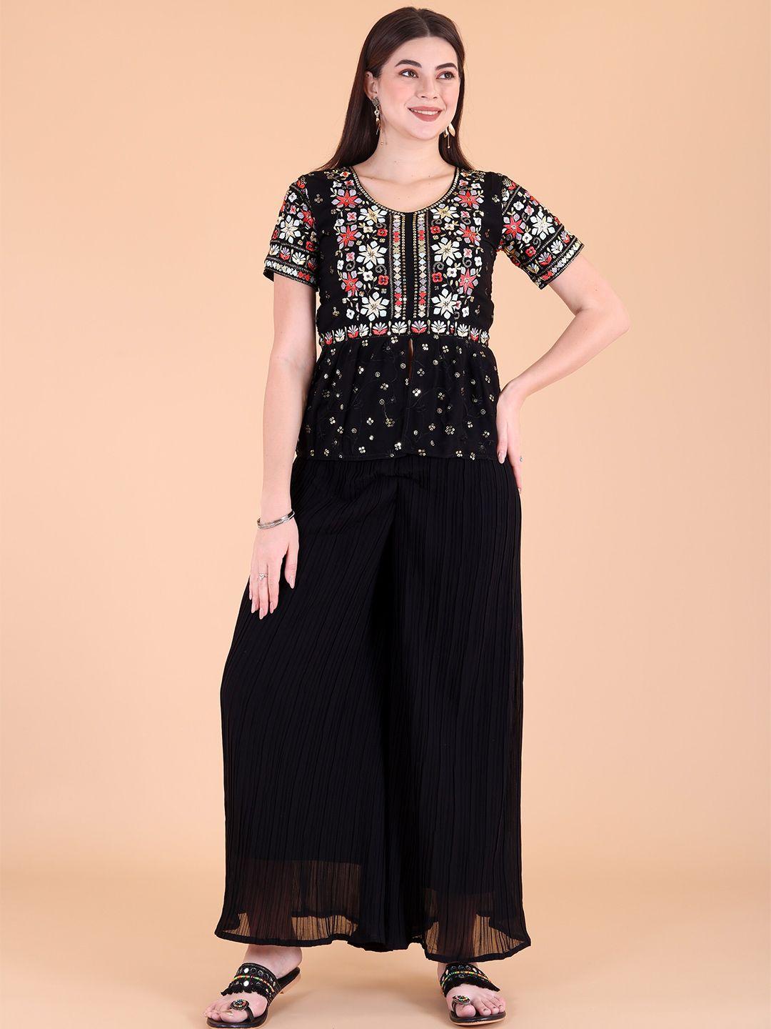prenea floral embroidered sequined top with palazzos