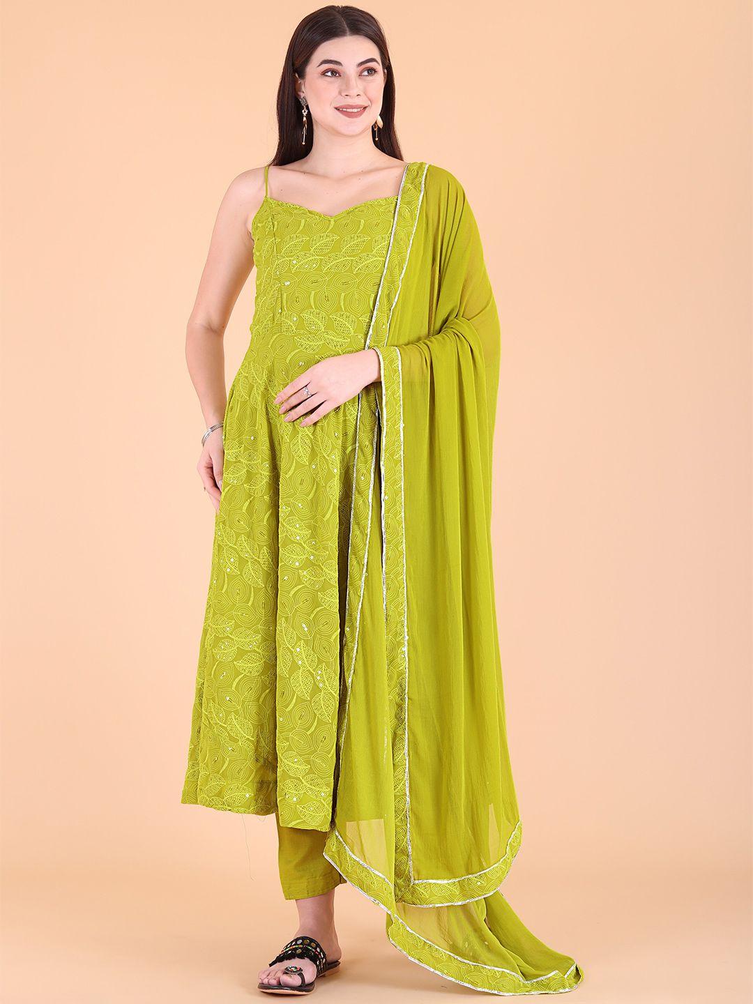 prenea floral embroidered shoulder strap kurta with trousers & dupatta