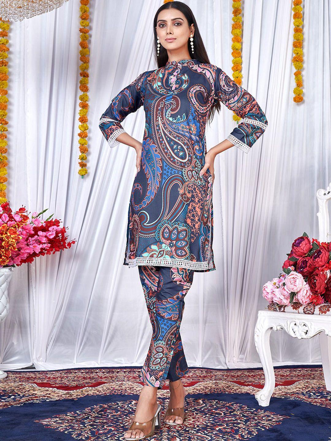 prenea paisley printed mandarin collar kurta with trousers