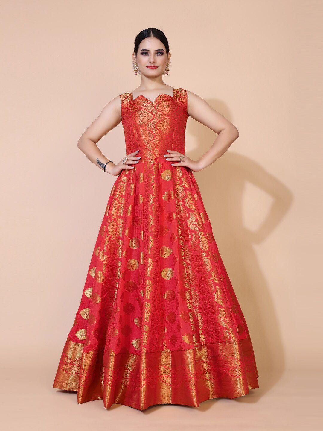 prenea red ethnic motifs jacquard maxi dress