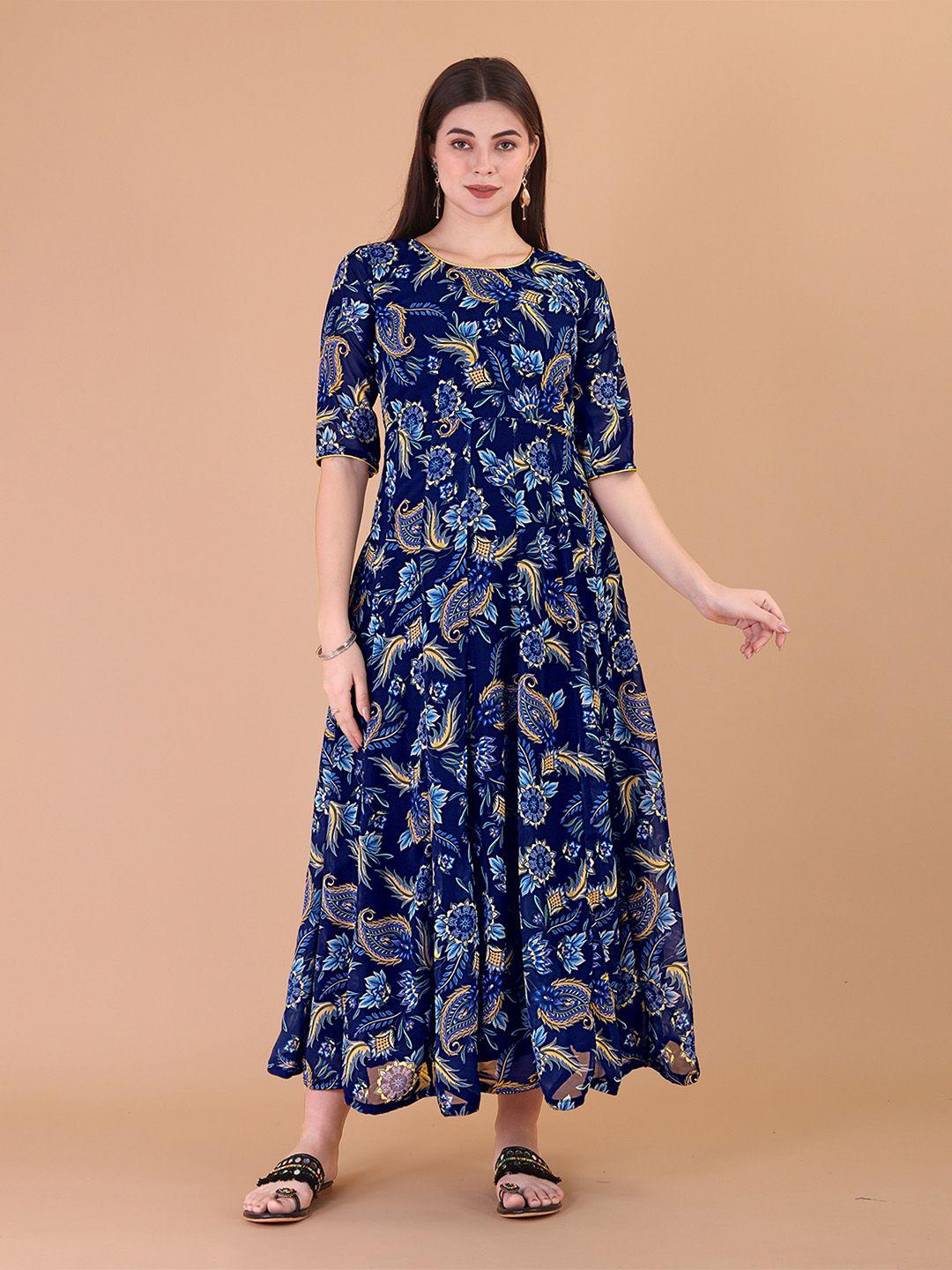 prenea round neck floral printed georgette fit & flare maxi dress