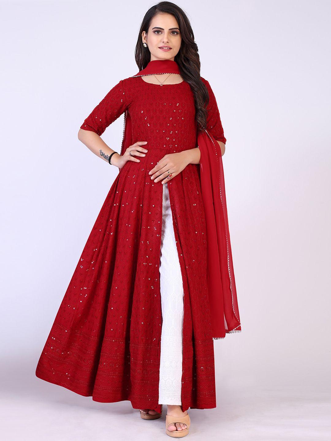 prenea women maroon high slit kurti with palazzos & with dupatta