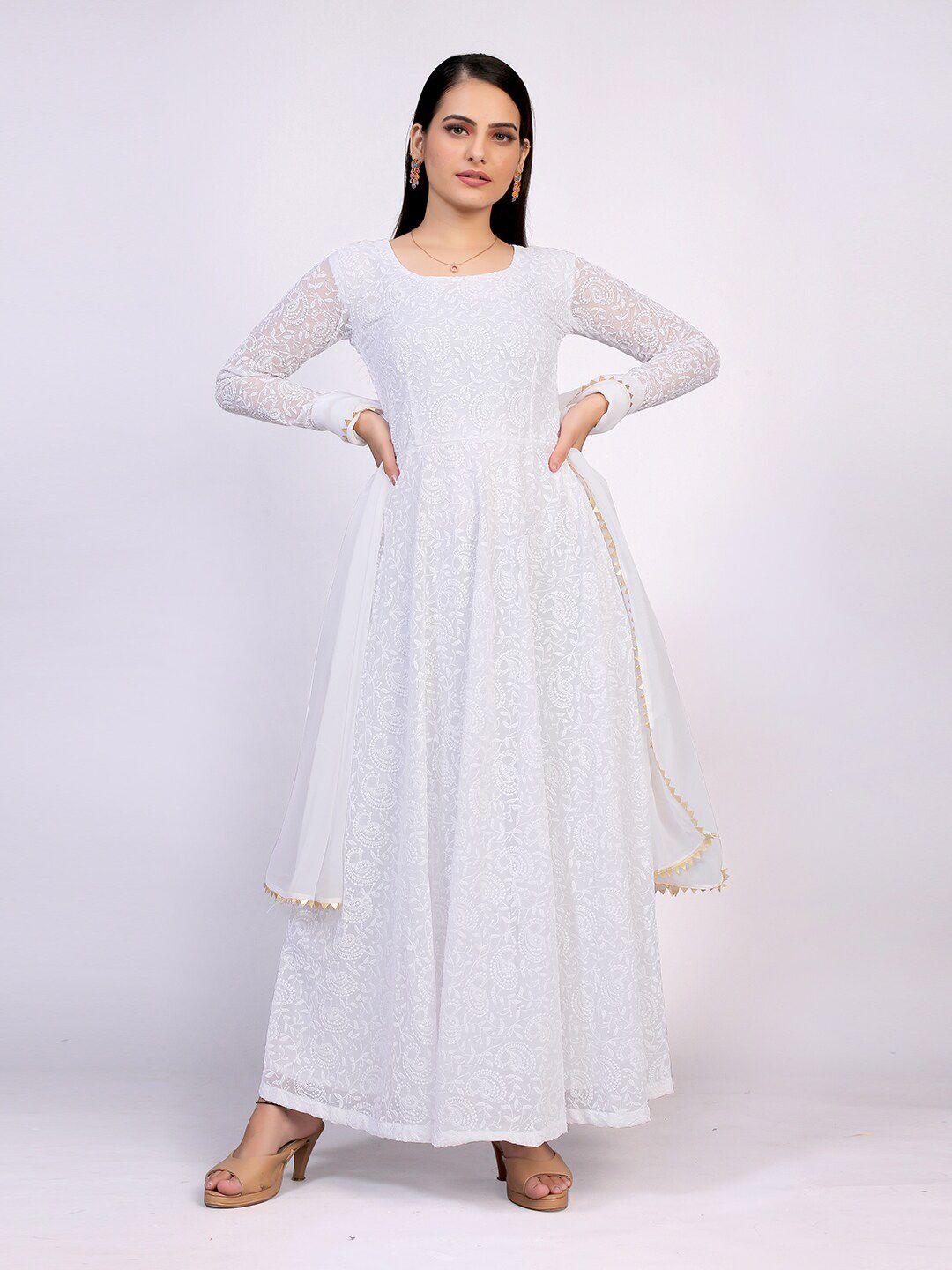 prenea women white embroidered georgette fit & flare dress