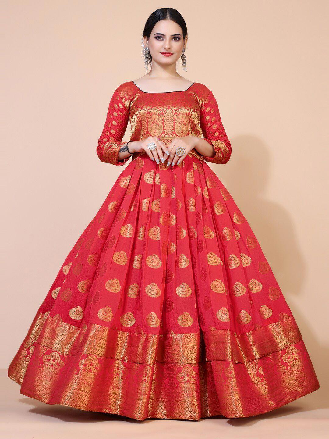 prenea womens red & gold-toned ethnic motifs jacquard maxi dress