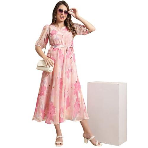 preneum women's georgette a-line knee-long dress pink