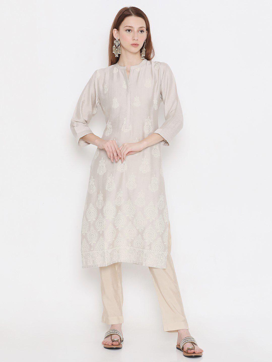 present creation ethnic motifs printed mandarin collar pure cotton straight kurta