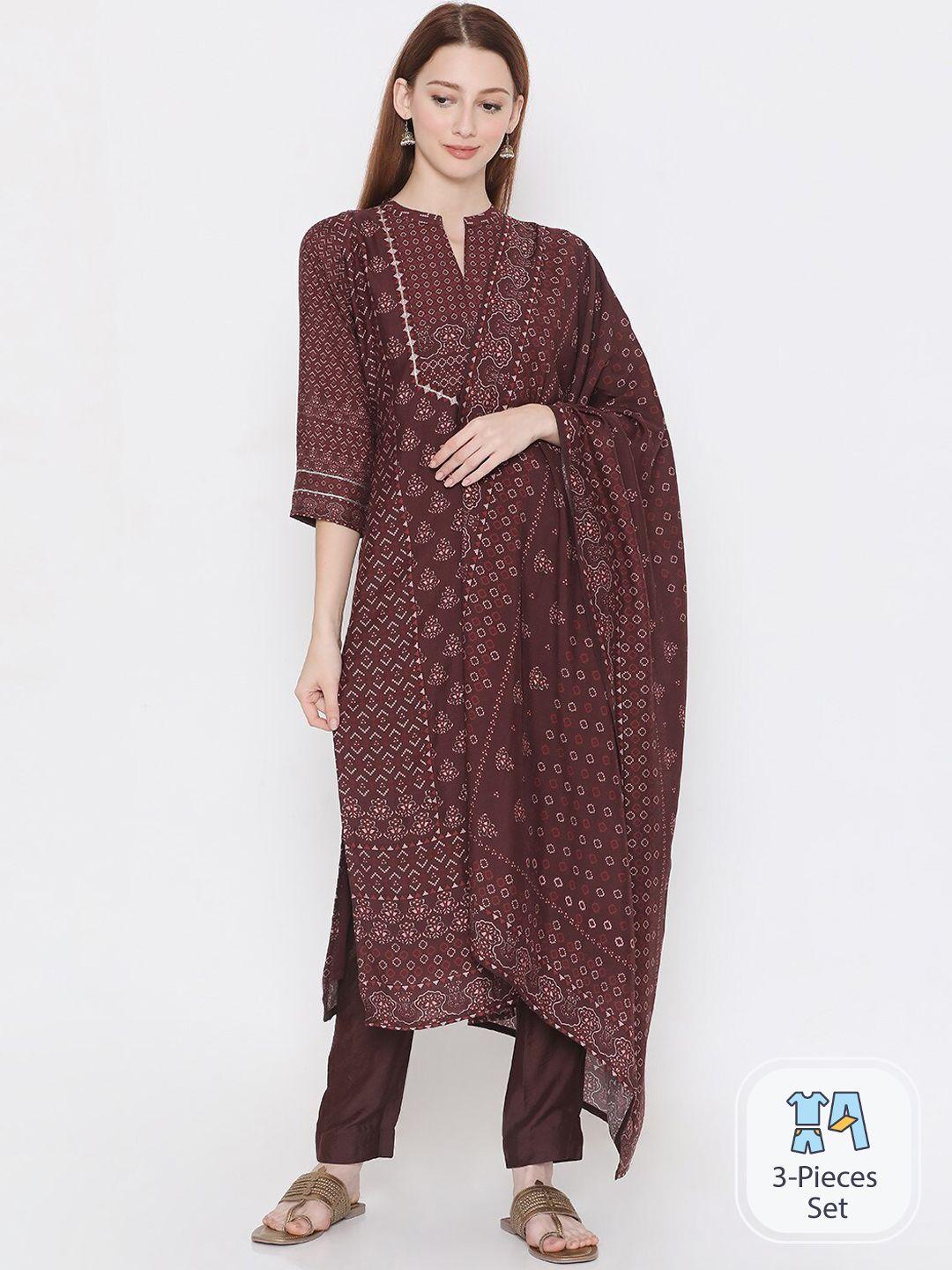 present creation ethnic motifs printed pure cotton straight kurta & trousers with dupatta