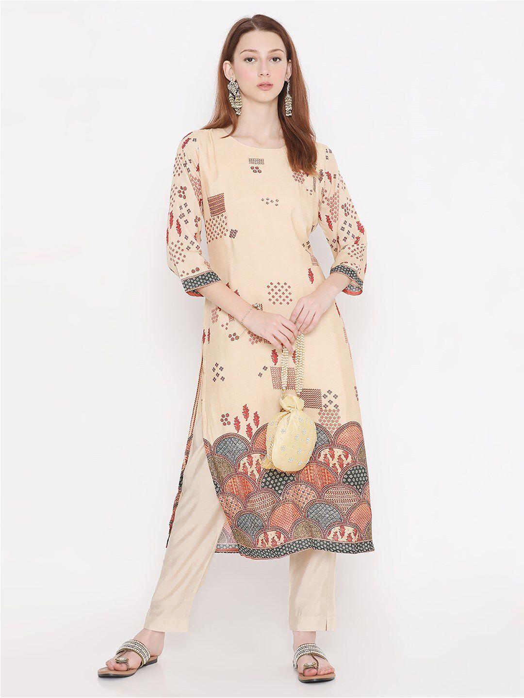 present creation ethnic motifs printed round neck pure cotton kurta