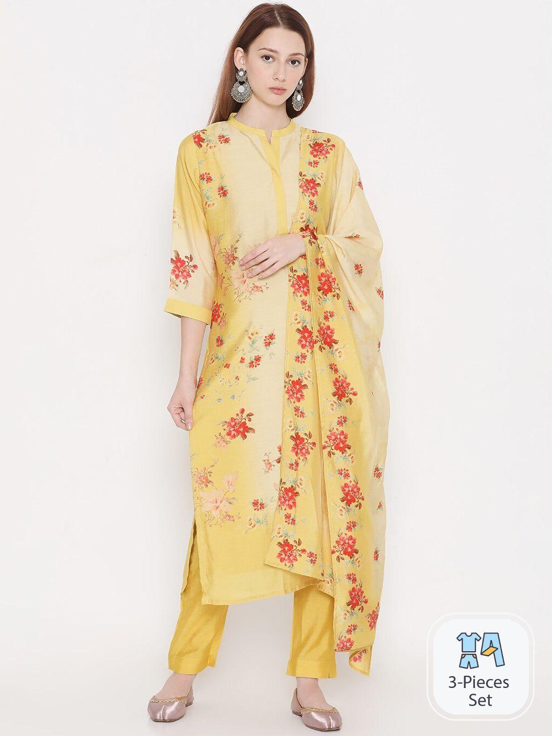 present creation floral printed mandarin collar pure cotton kurta with trousers & dupatta