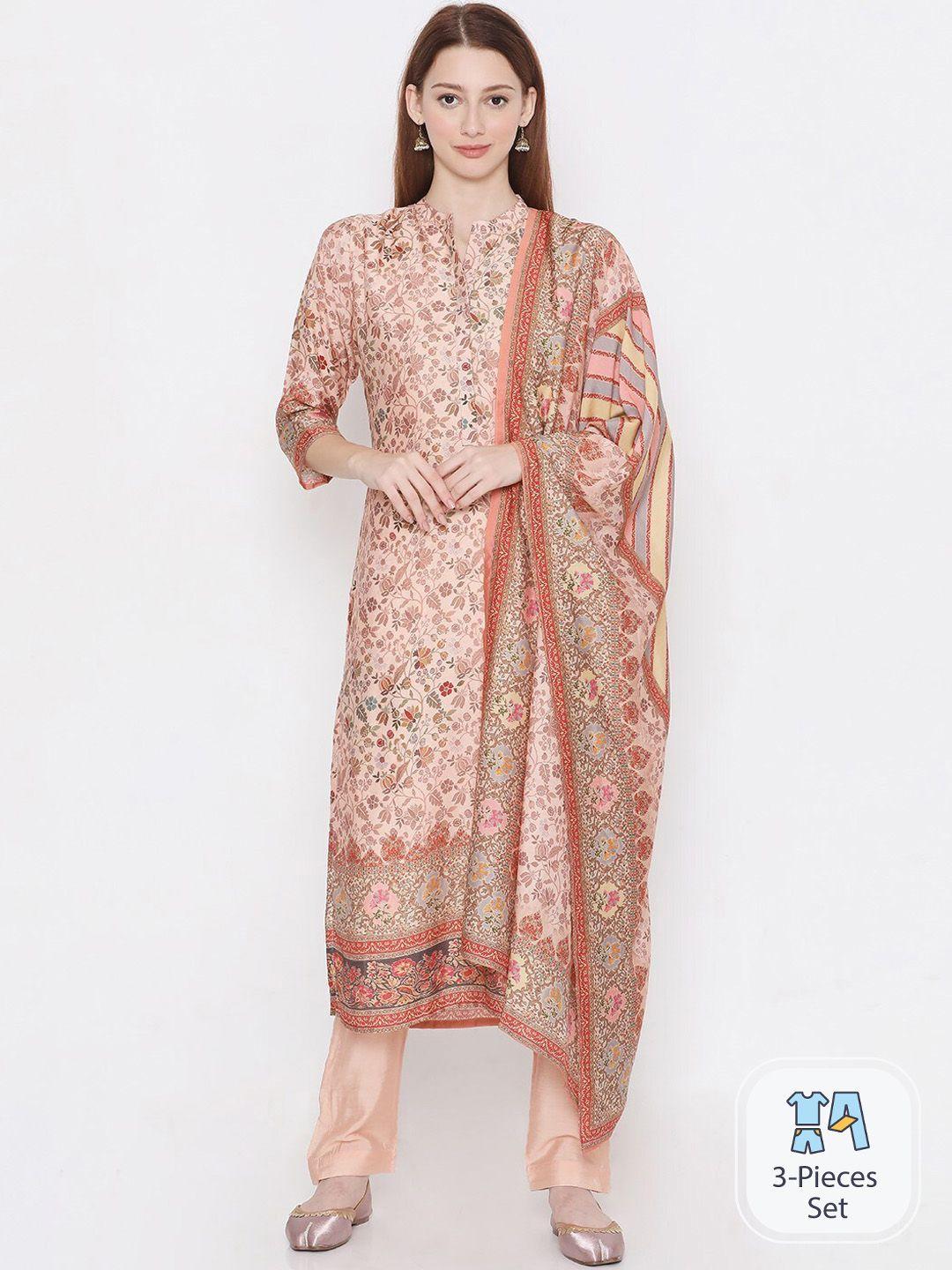 present creation floral printed mandarin collar pure cotton kurta with trousers & dupatta