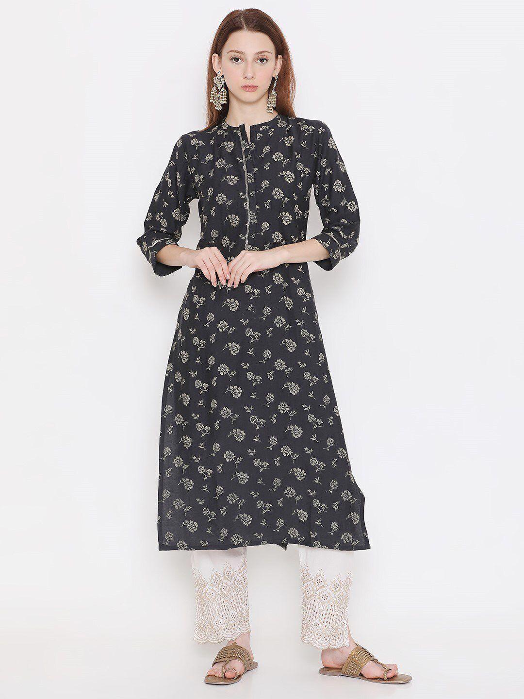 present creation floral printed mandarin collar pure cotton straight kurta