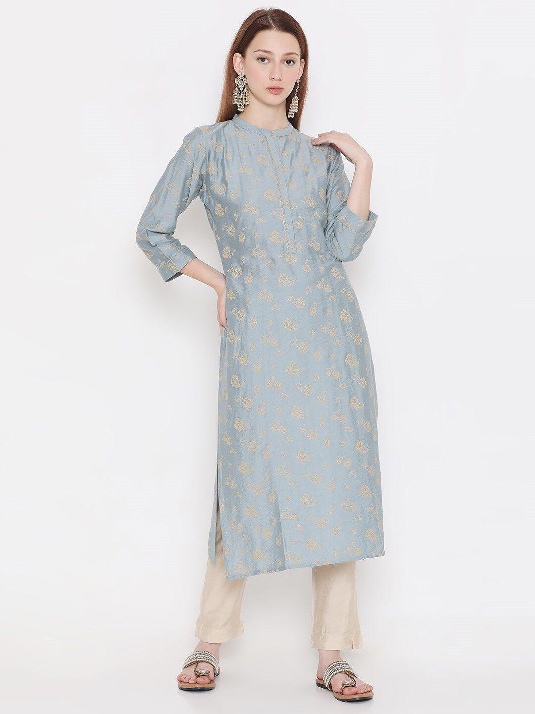 present creation floral printed mandarin collar pure cotton straight kurta