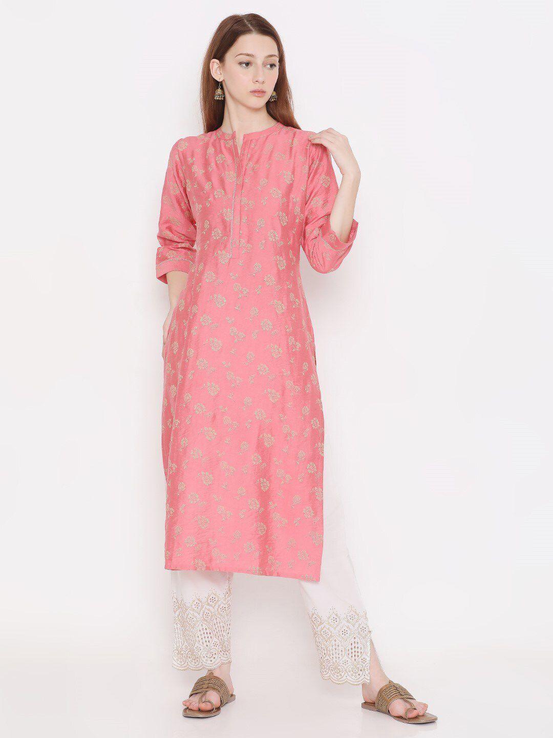 present creation floral printed mandarin collar pure cotton straight kurta