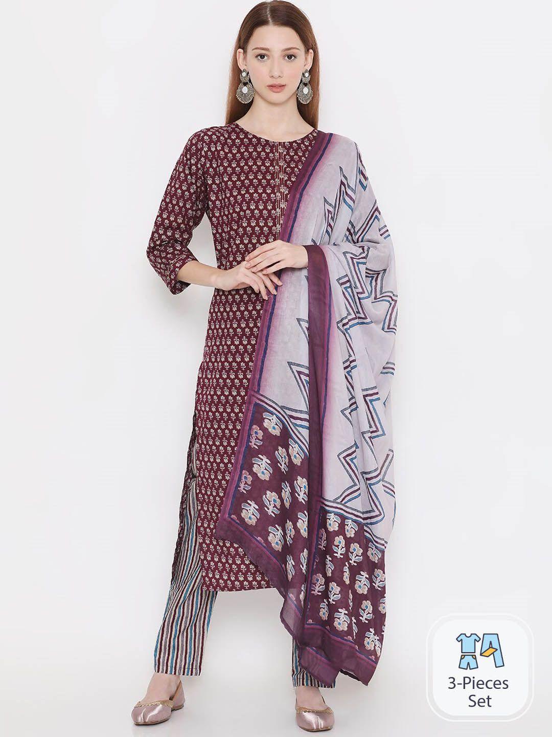present creation floral printed pure cotton straight kurta & trousers with dupatta