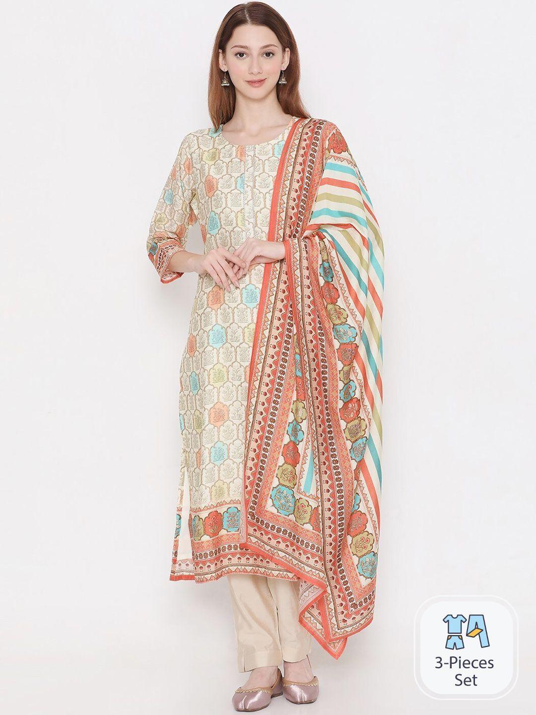 present creation floral printed pure cotton straight kurta with trousers & dupatta