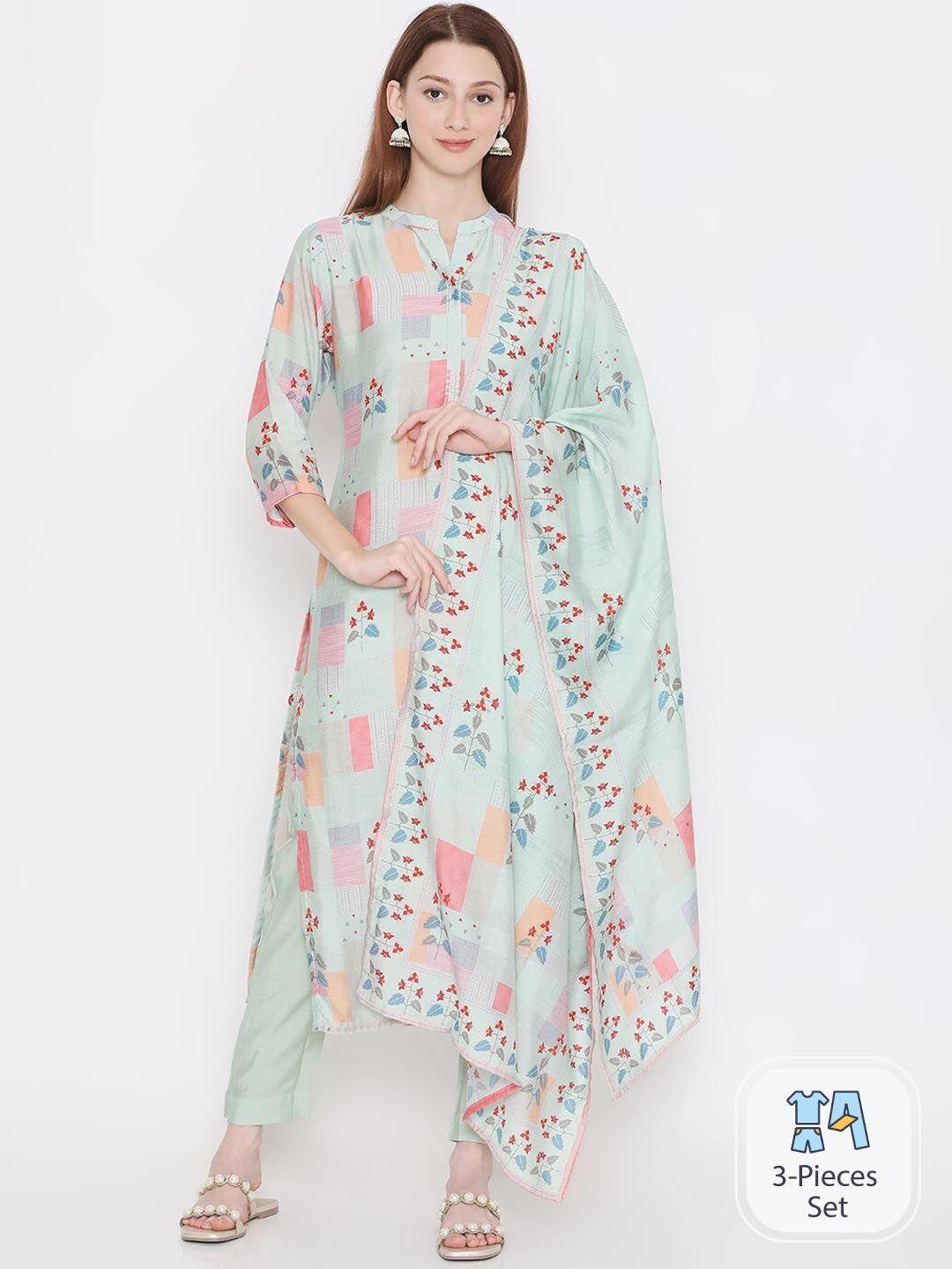 present creation floral printed regular pure cotton kurta with trousers & dupatta