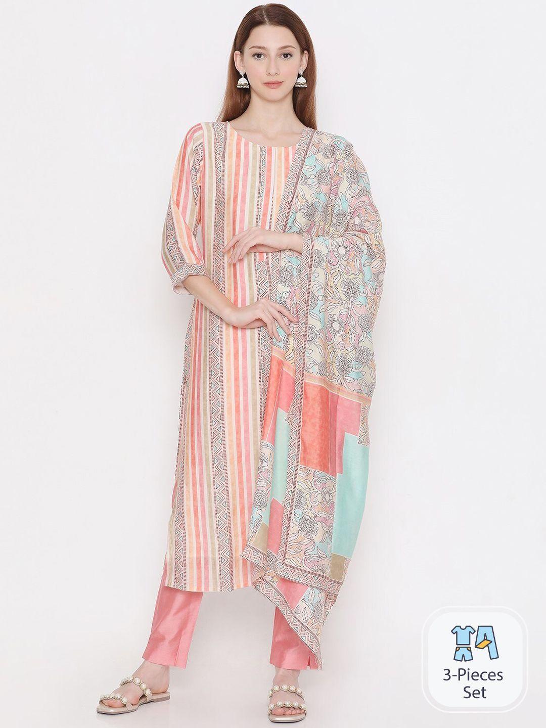 present creation striped pure cotton straight kurta with trousers & dupatta