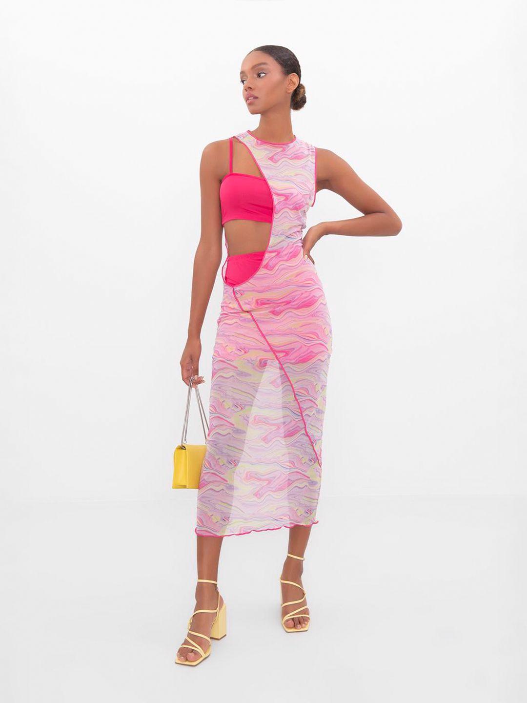 pret a tuer abstract printed cut-out detail sheer bodycon midi dress