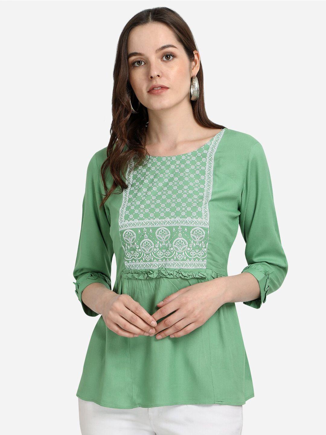 prettify women green 3/4 sleeves ethnic motifs printed top