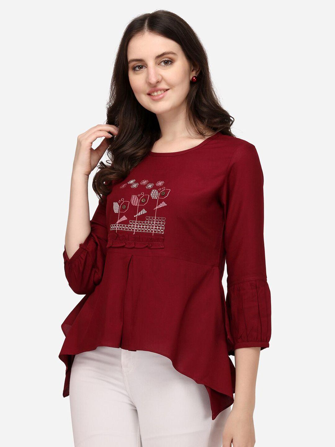 prettify women maroon puff sleeves embroidered high-low top