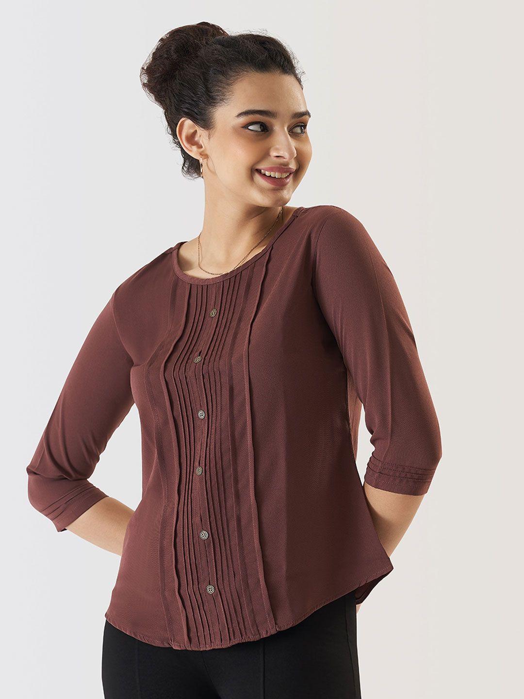 prettify brown pleated crepe top