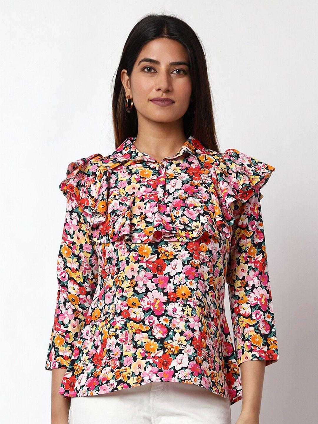 prettify floral printed spread collar ruffled top