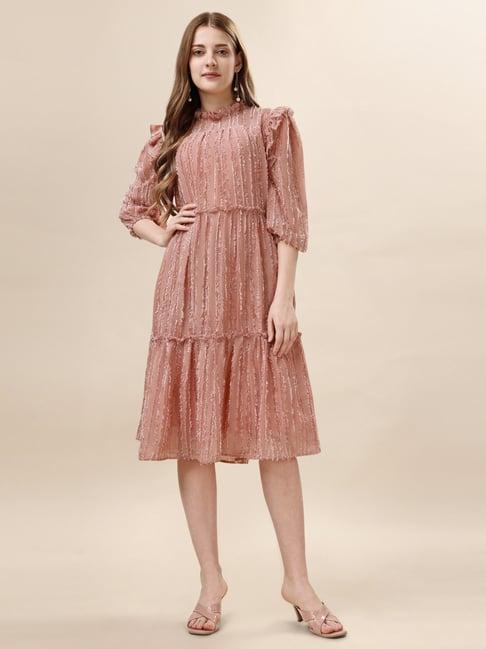 prettify pink self design a line dress