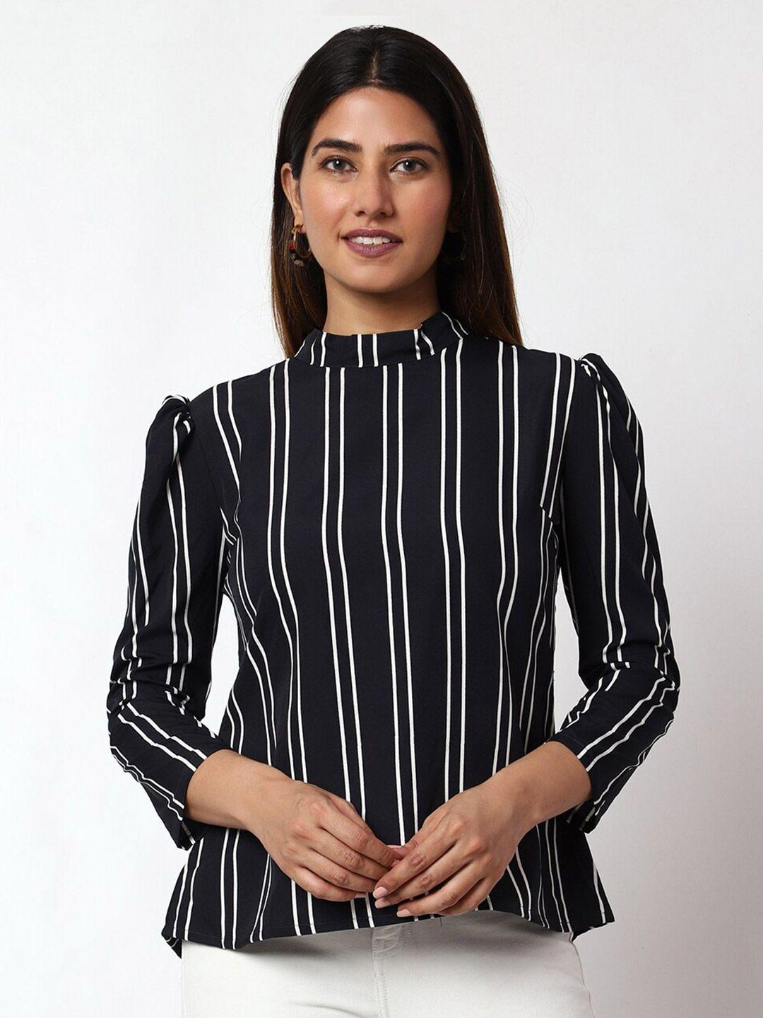 prettify striped high neck puff sleeves top