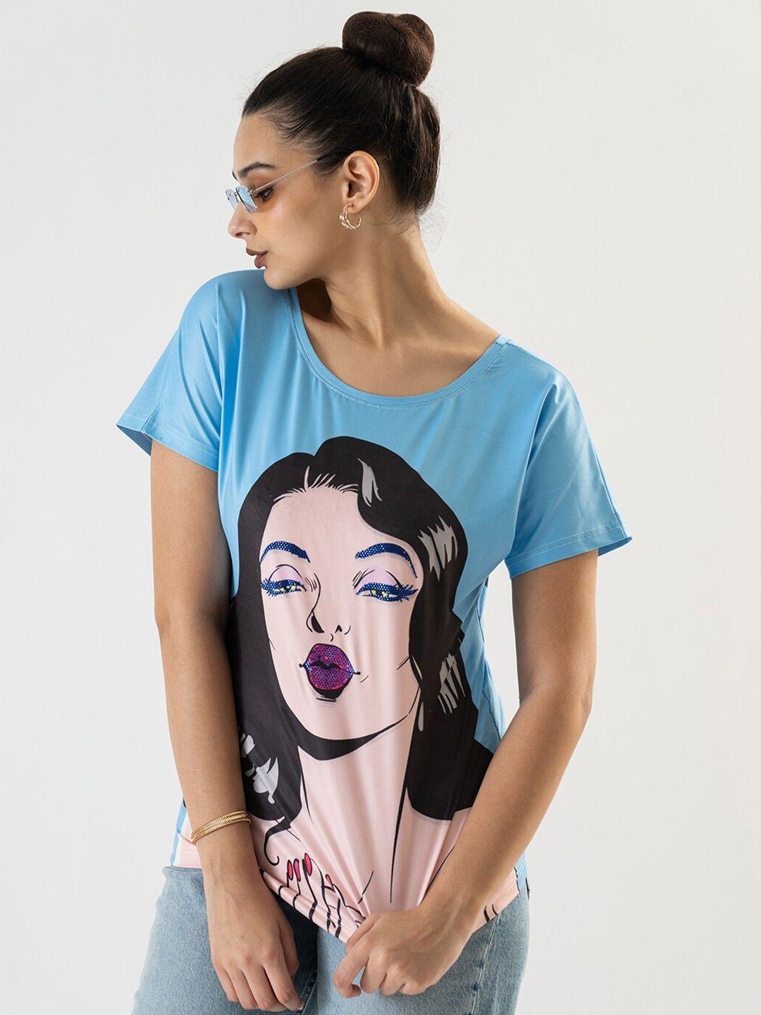 prettify women blue printed t-shirt