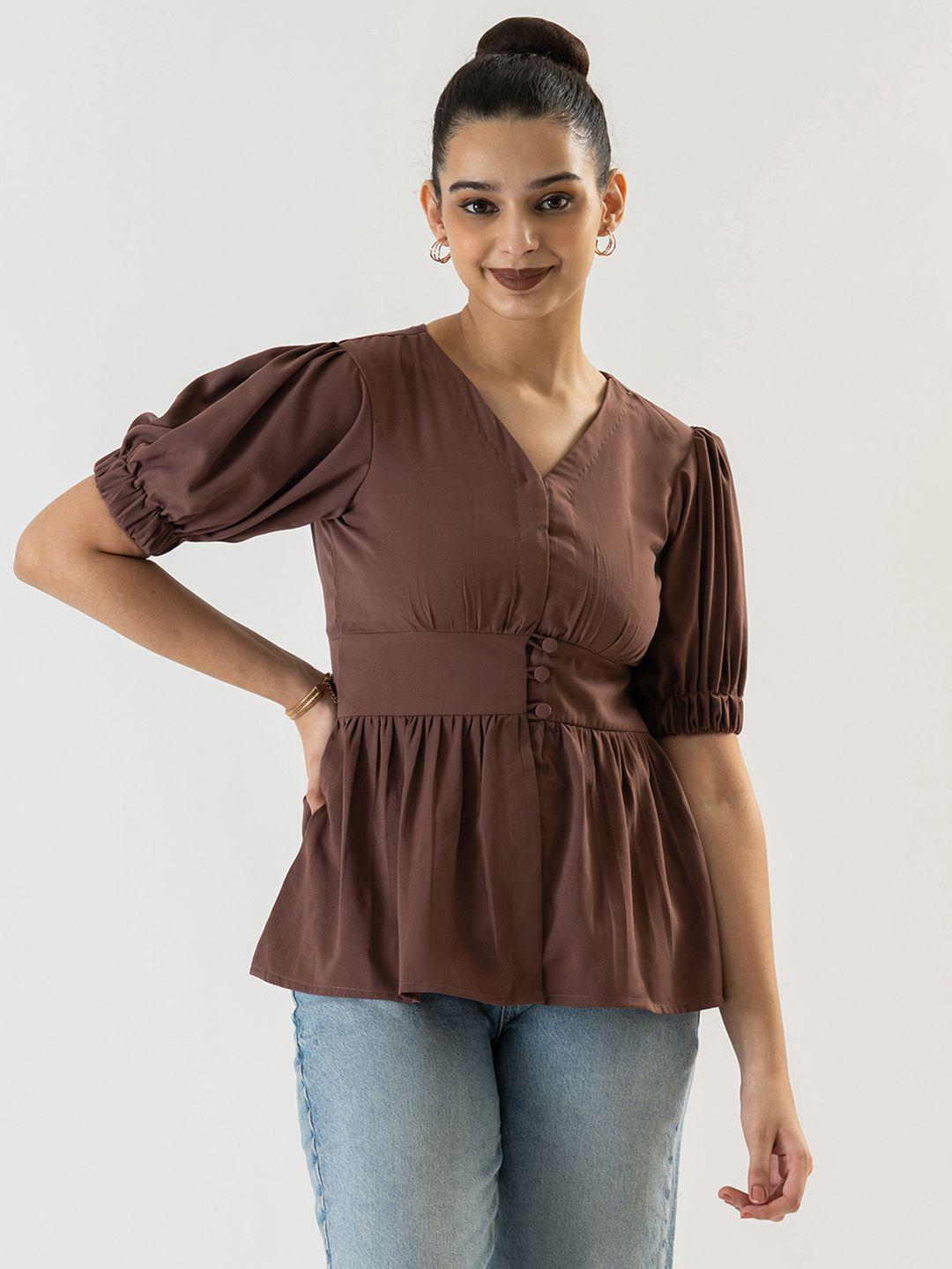 prettify women brown v-neck puff sleeves crepe cinched waist top