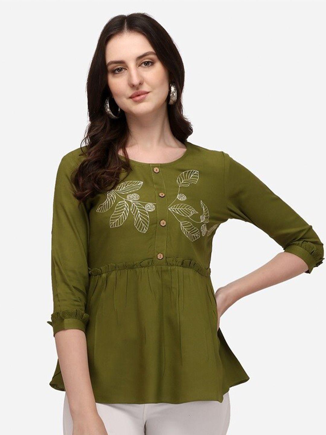 prettify women green 3/4 sleeves floral embroidered empire top