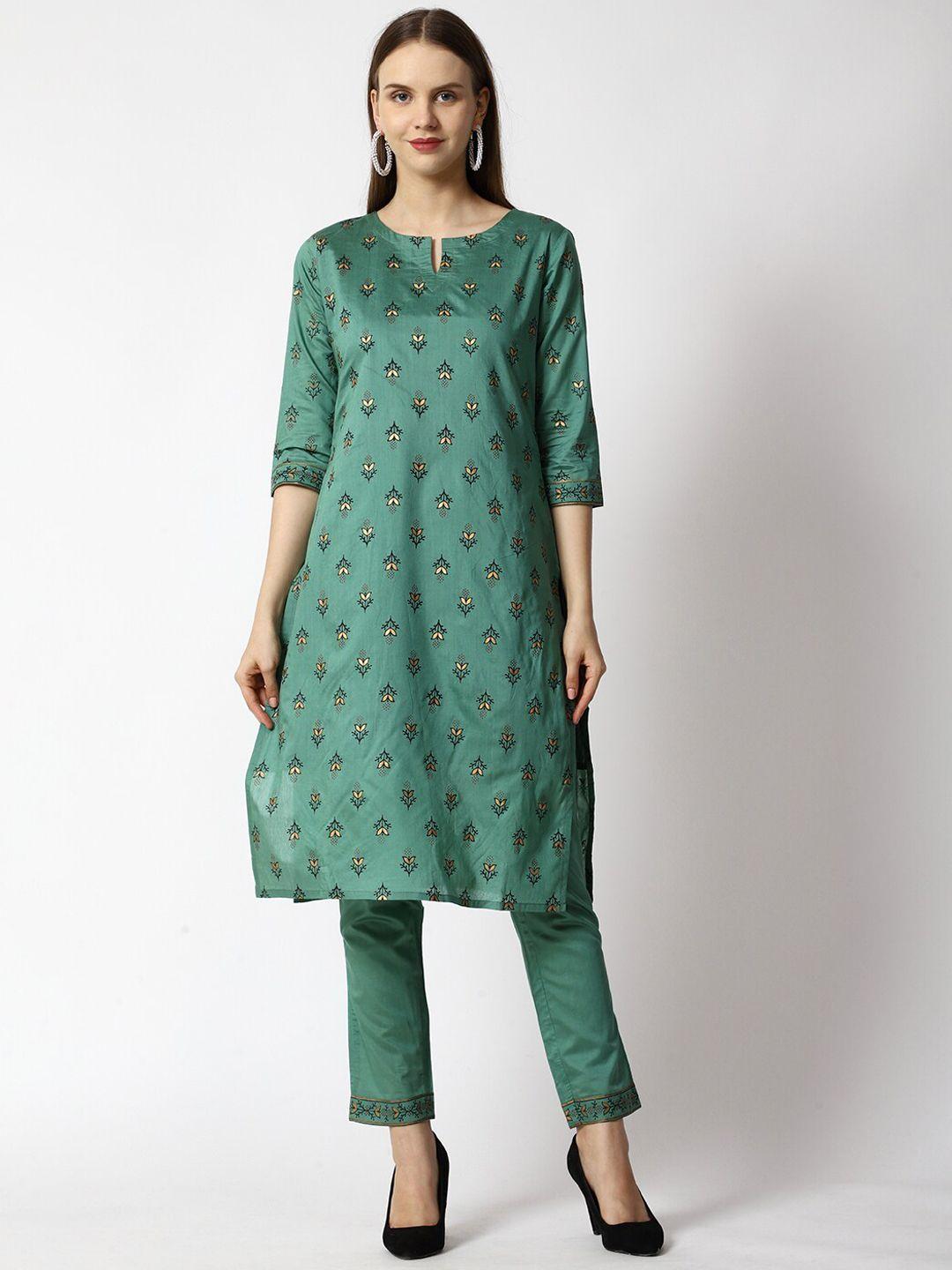 prettify women green ethnic motifs printed kurta with trousers