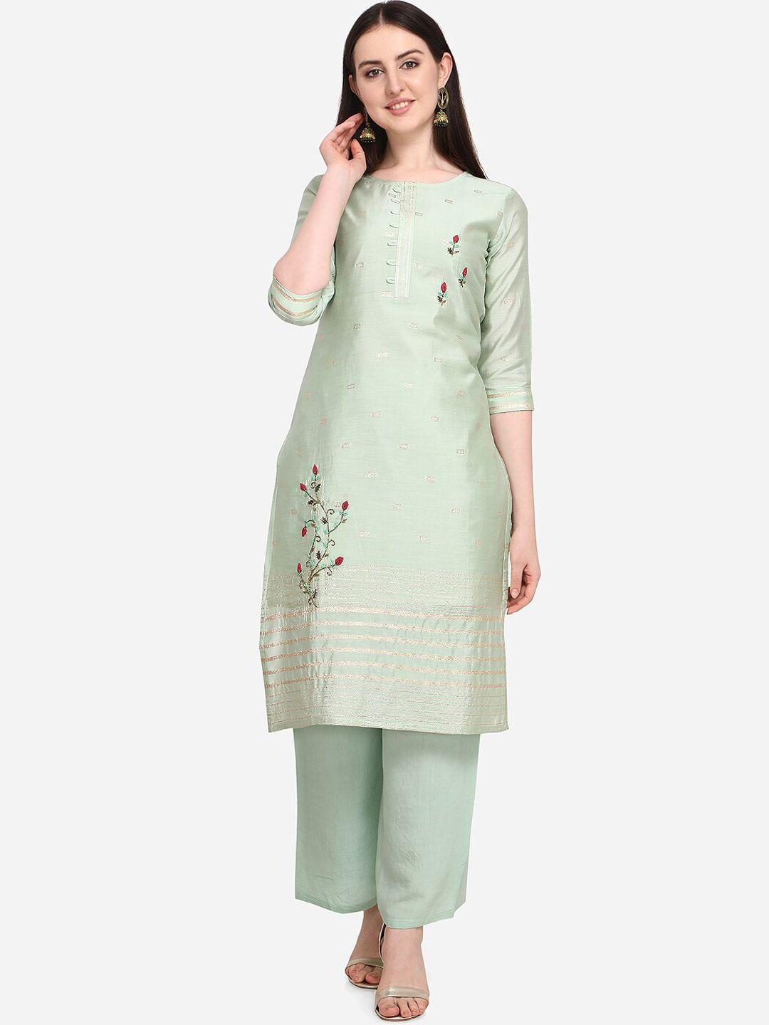 prettify women green floral embroidered thread work kurti with palazzos